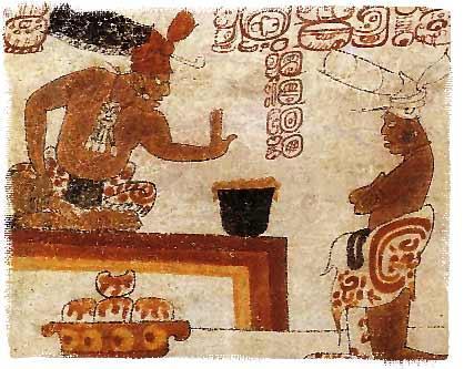 A possible Mayan chief forbids a person to touch a can of chocolate.
