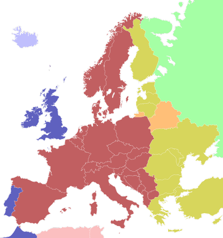 Strefy czasowe w Europie. Czas środkowoeuropejski zaznaczony na czerwono. 