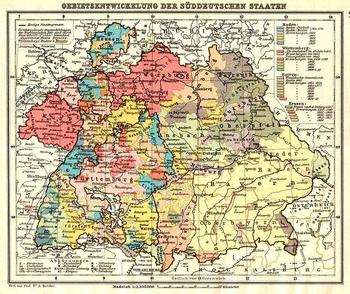 Mapa Niemiec w 1800 r., przedstawiająca zróżnicowanie bytów politycznych na terenie obecnych Niemiec.