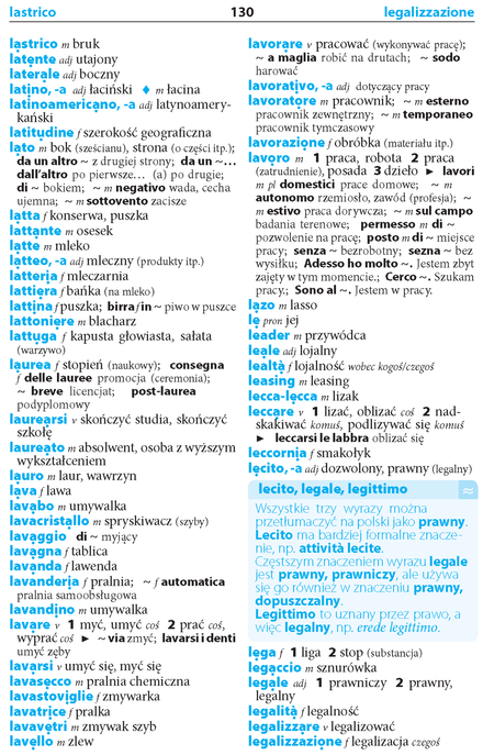 Jedna ze stron sprytnego słownika włoskiego - część włosko-polska