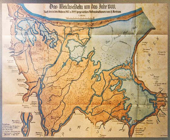 Rekonstrukcyjna mapa Bertrama pokazująca, jak mogły wyglądać Żuławy około 1300 roku.