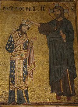 Mozaika z katedry Monreale, w Palermo przedstawiająca w stylu bizantyjskim koronację normana Rogera na Króla Sycylii.