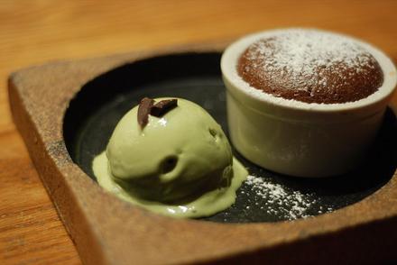 Flourless chocolate cake with green tea ice cream at West Village, NYC